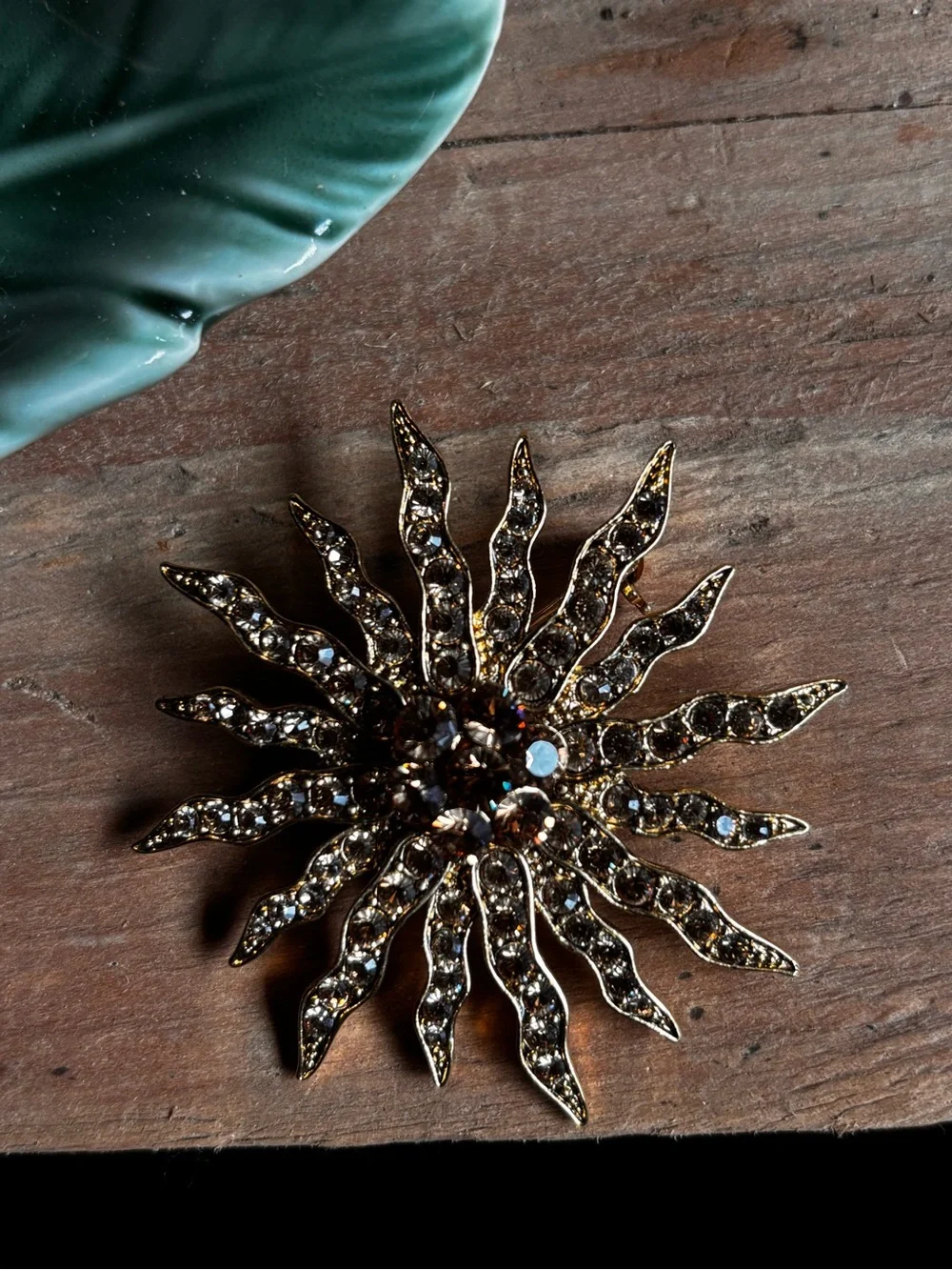 Gold Sunburst Crystal Brooch - Vintage